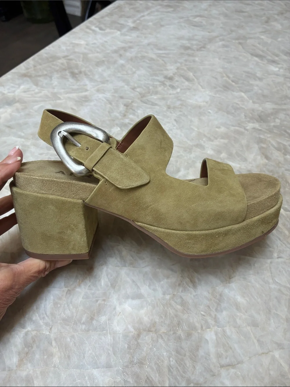 Suede Platform Block Heel Sandals in Olive - Women. New. Never worn.